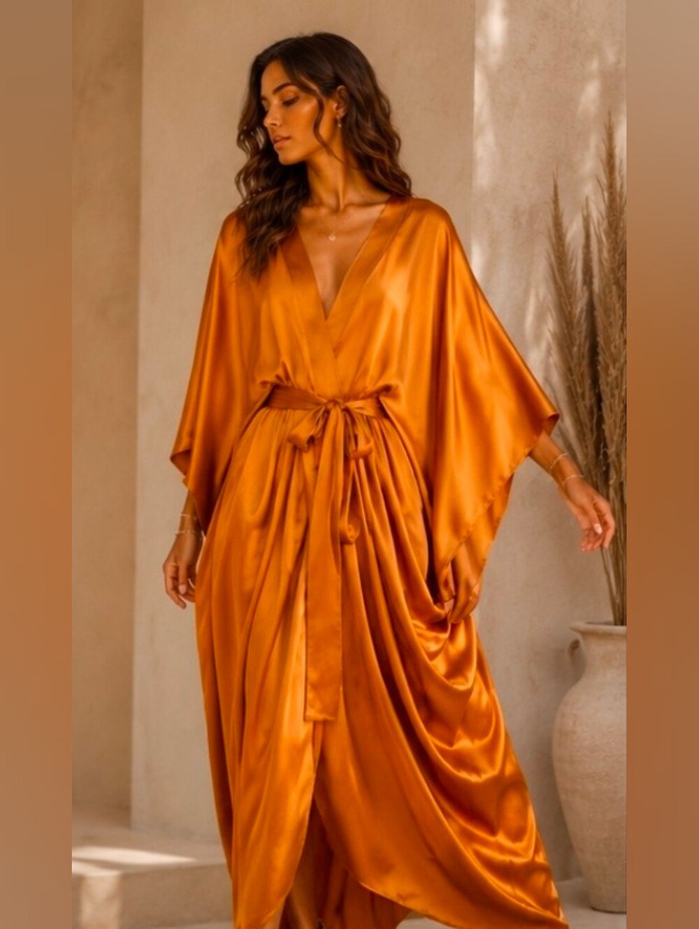 Anthropologie Satin Kaftan Kimono Sleeve Maxi Dress Sz One Size  Bronze NWT$140
